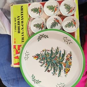 Vintage 1967 7 Piece Set Holiday Tray & Coasters